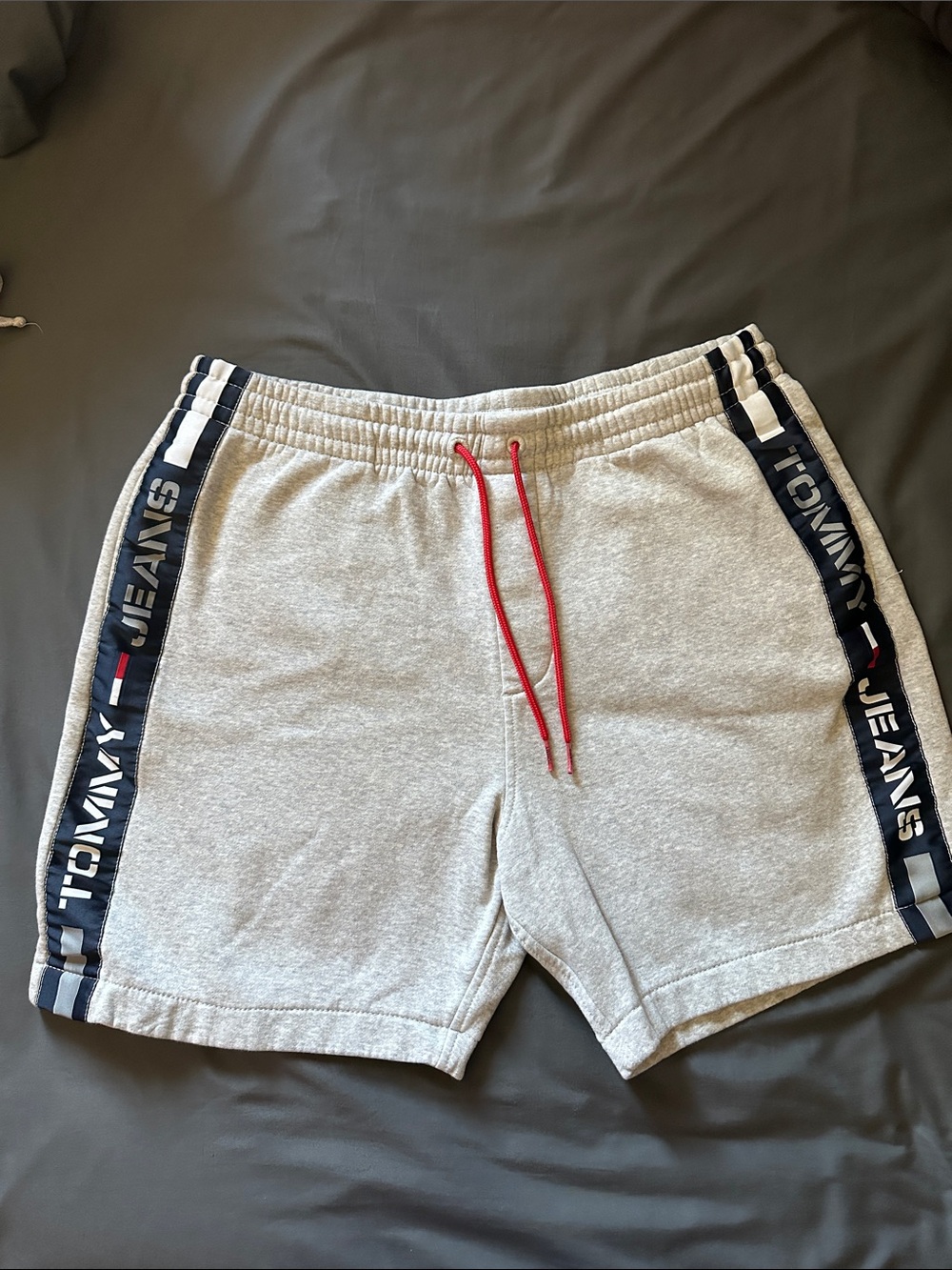 Tommy Hilfiger Light Gray Athletic Shorts with Navy Side Tape and Red Drawcord